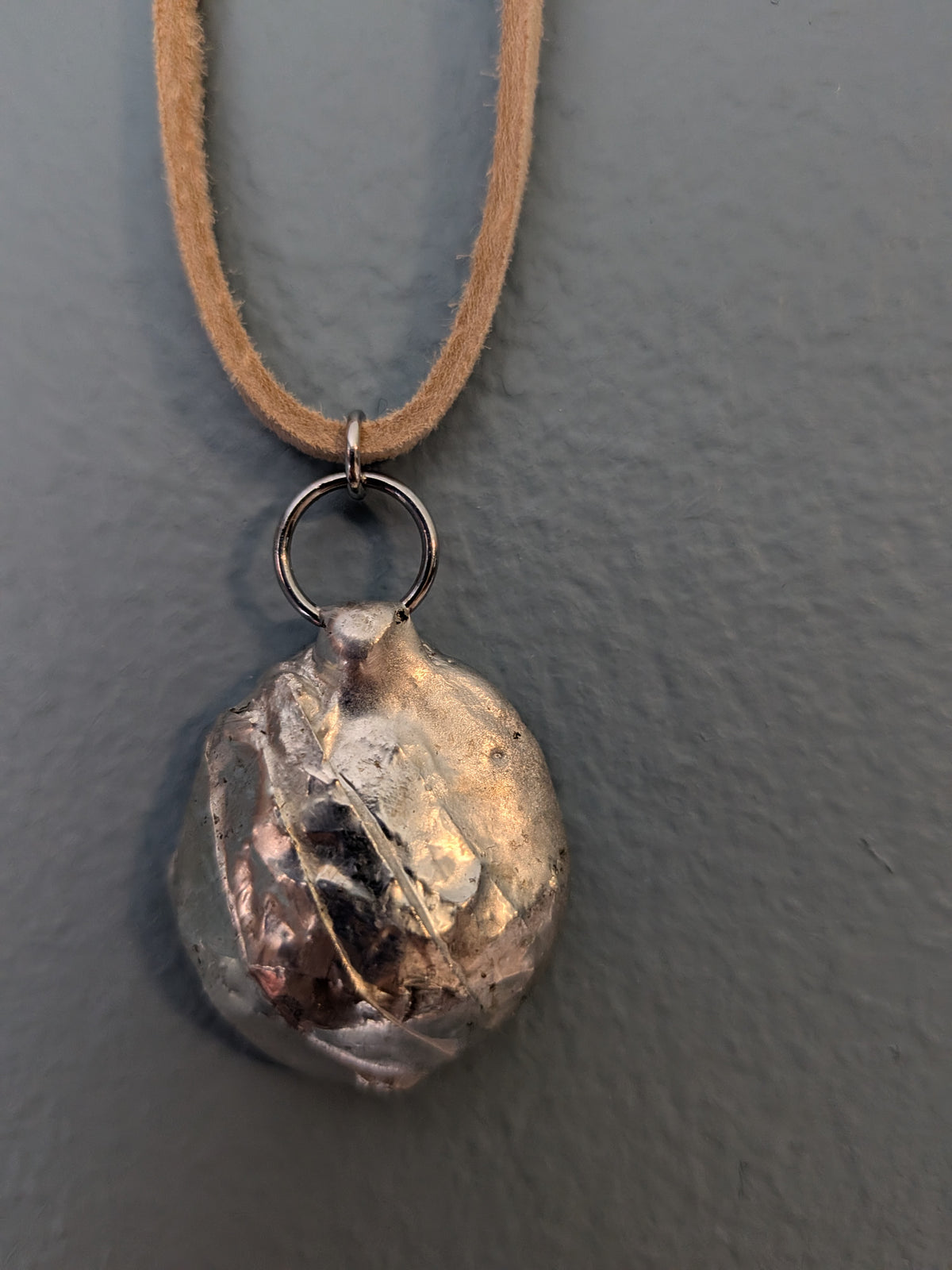 Necklace No. 011: alternate close-up of the blue agate, natural stone detail and handmade silver-tone edging.
