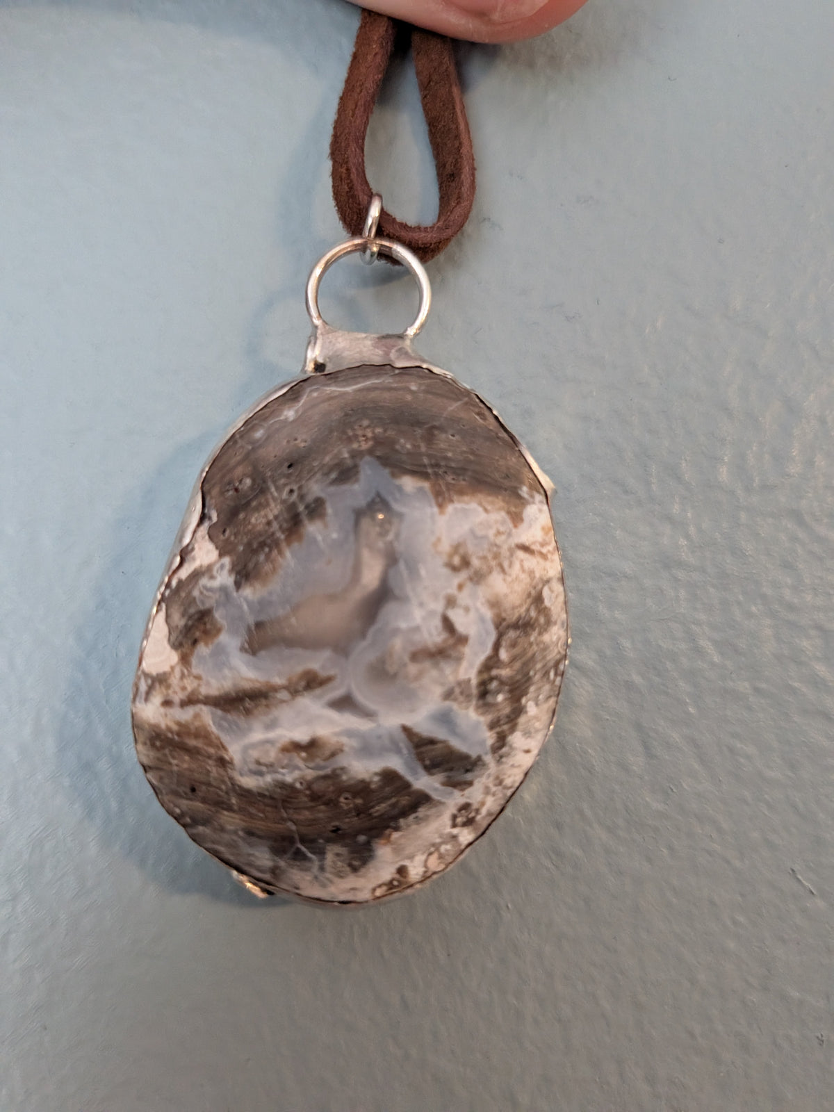 Necklace No. 019: alternate close-up of the blue agate, natural stone detail and handmade silver-tone edging.