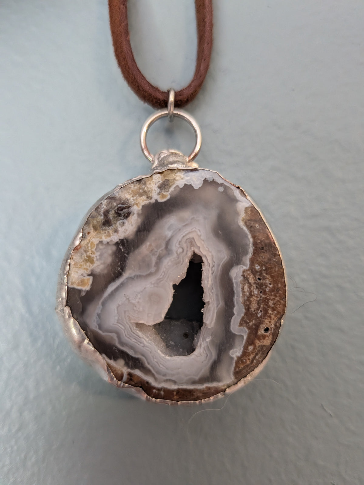 Necklace No. 021: alternate close-up of the dugway geode, natural stone detail and handmade silver-tone edging.